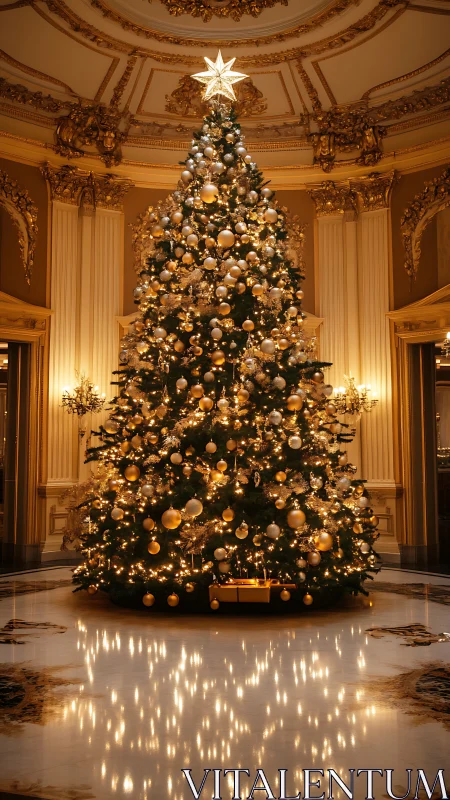 Illuminated Christmas tree in ornate classical interior.