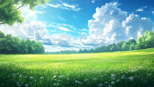 Sunlit grass field stretches under detailed cumulus clouds