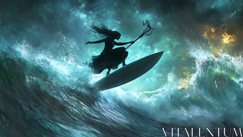 Silhouetted figure on surfboard above turbulent ocean wave.
