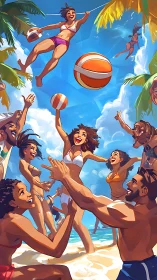 Sunlit beach crew chasing airborne volleyball joy together.