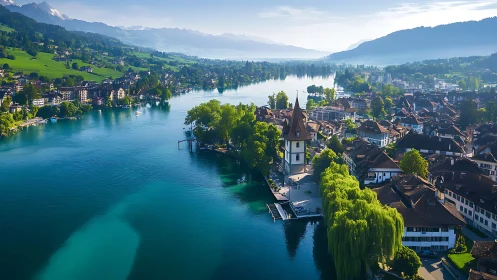 Lakeside village unfurls beneath misty alpine horizons.