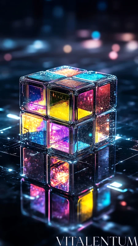 Glowing glass cube reflected on dark futuristic surface.