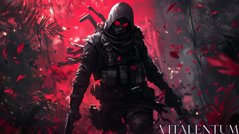 Hooded futuristic assassin advances through crimson jungle