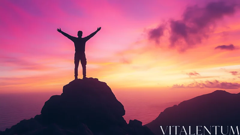 Silhouette summit victory beneath a flaming cotton-candy sky.