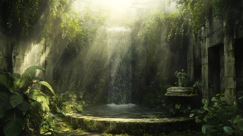 Sunlit waterfall pool enclosed by overgrown stone ruins