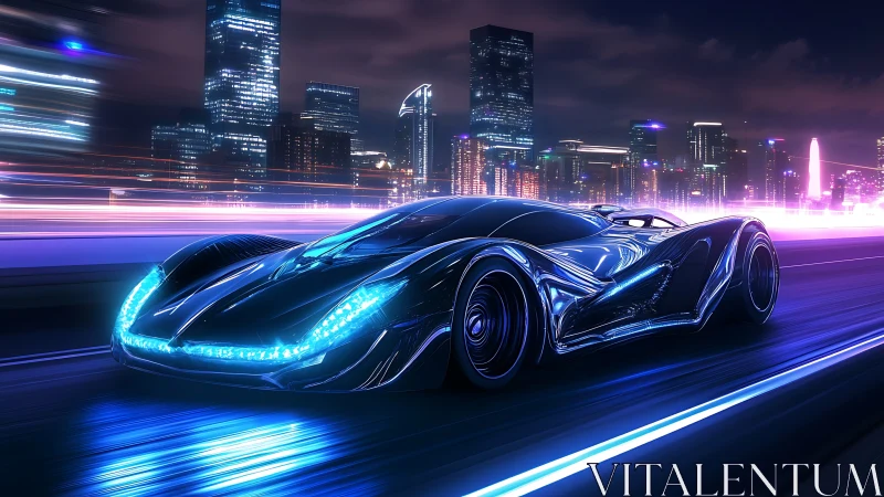 Futuristic streamlined car on neon lit urban expressway.