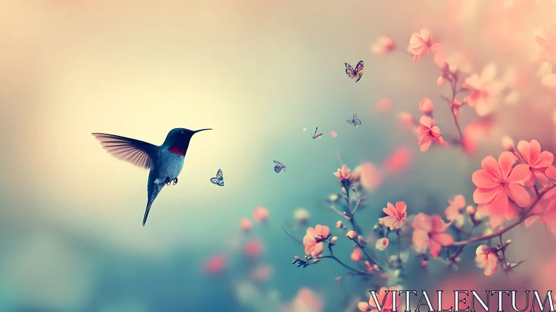 Hummingbird near pink blossoms with butterflies in soft light.