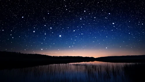 Starry night sky over calm lake with dark shoreline reflection.