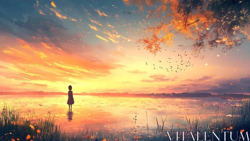 Littoral horizon study with solitary figure at refracted sunset.