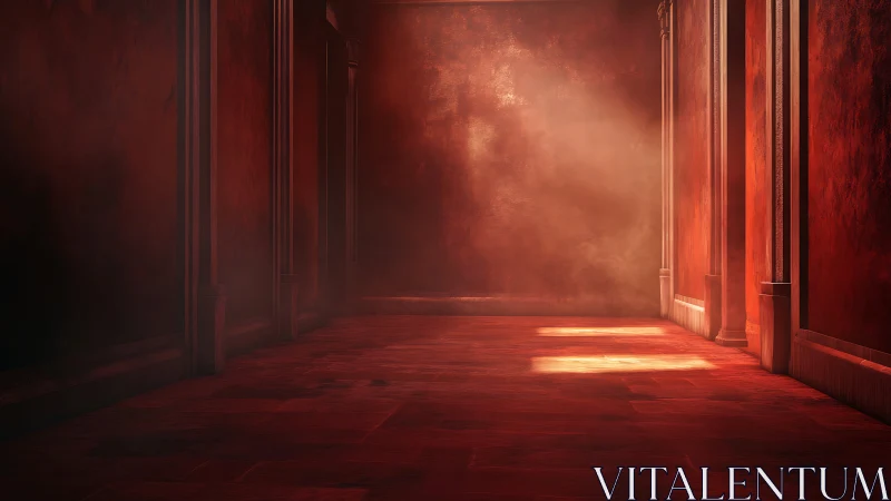 Volumetric light through red architectural corridor space.