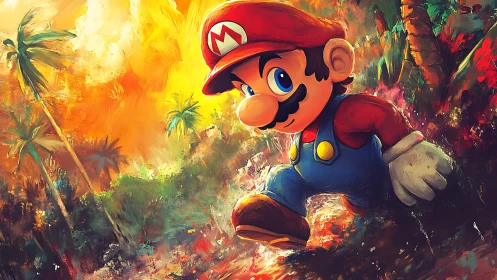 Mario style character runs through bright jungle landscape.