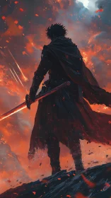 Lone warrior stands over burning battlefield with flaming sword