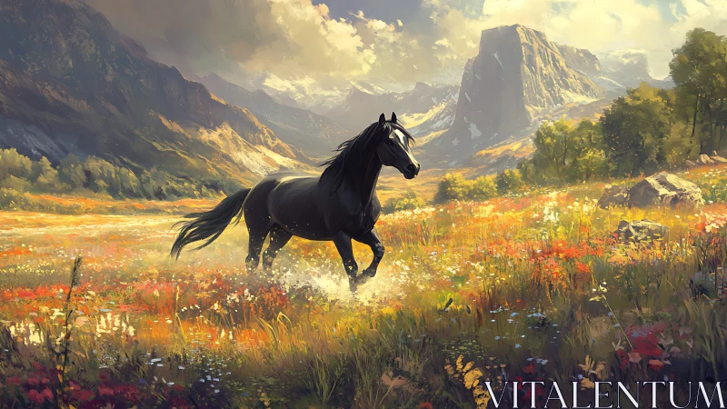 Galloping black horse traverses sunlit alpine wildflower valley
