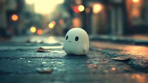 Small white ghost figure on wet city street at dusk.