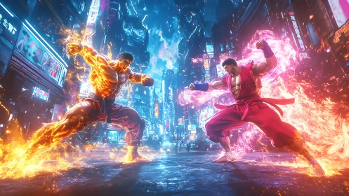Fiery martial arts duel in neon lit futuristic city street.
