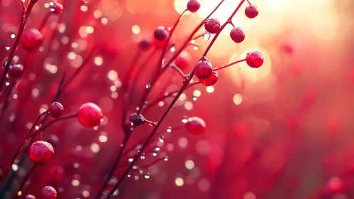 Macro red berries with sunrise bokeh droplets glow.