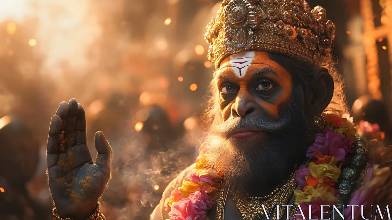 Divine monkey deity idol under warm ceremonial light