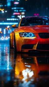 Orange sports coupe glows under neon rain-soaked streets.