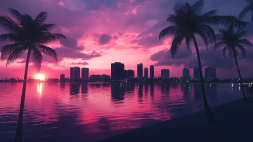Neon dusk palms guard a candy-glass city shoreline dream.
