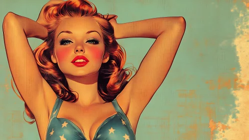 Retro pinup portrait in teal star bikini, bold glamour.