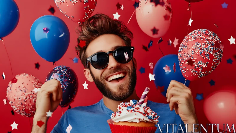 Exuberant subject displaying chromatic celebratory composition with polyglot decorative elements str