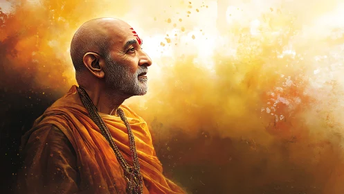 Elder monk in saffron robes gazes into radiant diffuse light