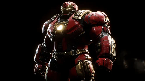 Armored red mech warrior under dramatic rim lighting.
