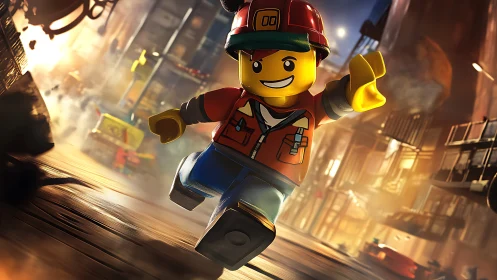 Dynamic LEGO construction worker sprinting through lit city street