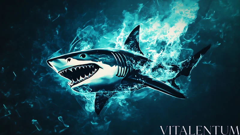 Fierce digital shark lunging through glowing blue water.