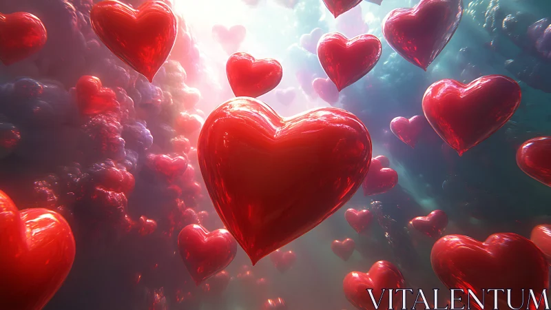 Luminous Red Hearts Floating in Clouds.