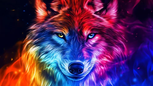 Chromatic thermal-spectrum wolf portrait in digital radiance.