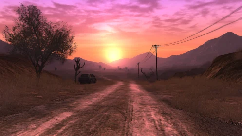 Sunset road through quiet desert hills and soft pink sky.