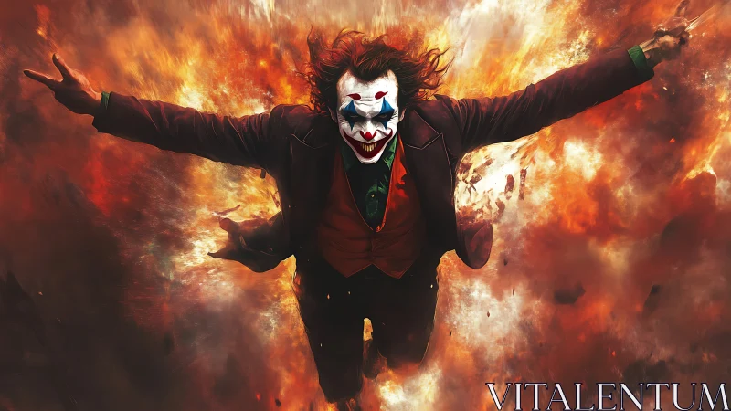 Chaos-cloaked jester dives wide-armed through blazing ruin