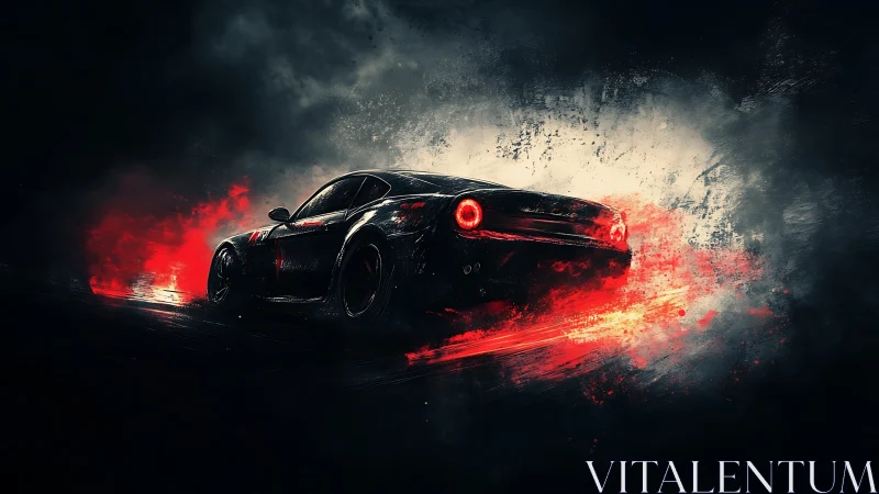 Midnight sports car powers through abstract red smoke.