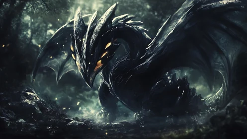 Dark scaled dragon resting in misty forest clearing scene.