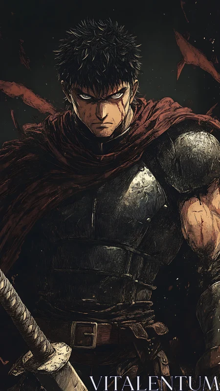 Grim warrior stands strong in tattered crimson cloak and armor