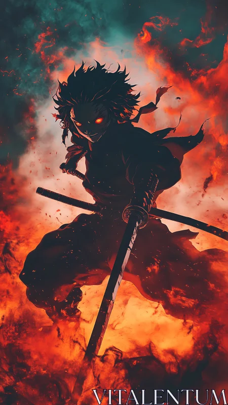 Fireborn swordsman strides through infernal storm of embers.