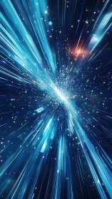 Radiant blue light burst with streaking cosmic particles.