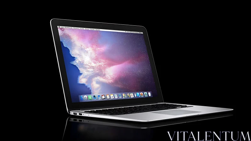 Sleek aluminum laptop rendered against high-gloss black ground