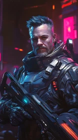 Steady space guardian in neon armor watching the night.