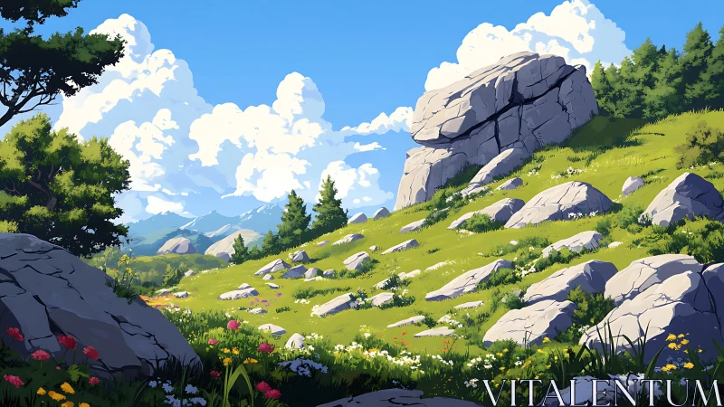 Sunlit alpine meadow with fractured granite outcrops and wildflowers