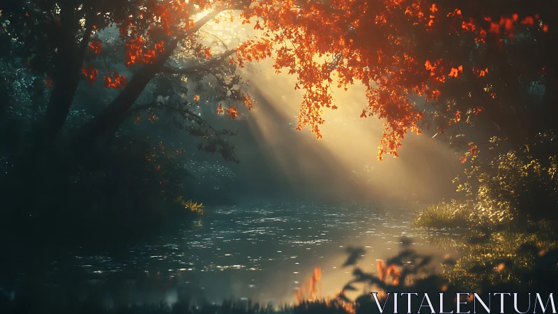 Backlit autumn canopy over misty forest river at sunrise