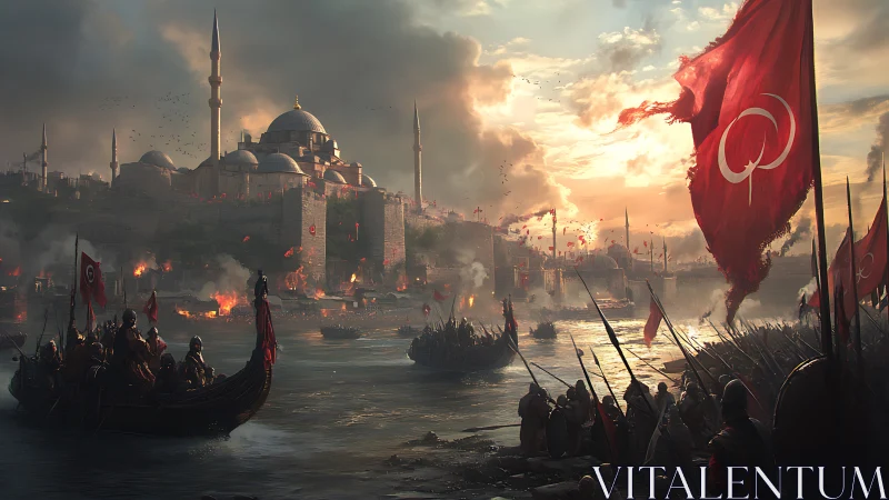 Digital painting of imperial siege flotilla at sunset waterfront.