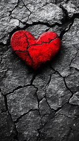 Red heart shape on cracked grey surface. Symbolic contrast.