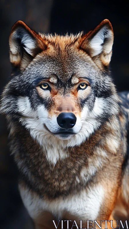 Photorealistic wolf portrait with intense golden gaze.