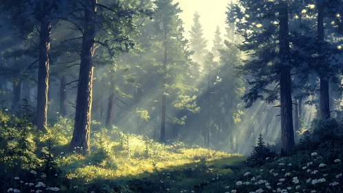 Radiant Forest Glade Illuminated by Golden Sunlight Through Ancient Conifers