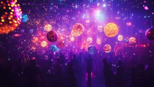 Crowded nightclub under glowing orbs and neon purple light.