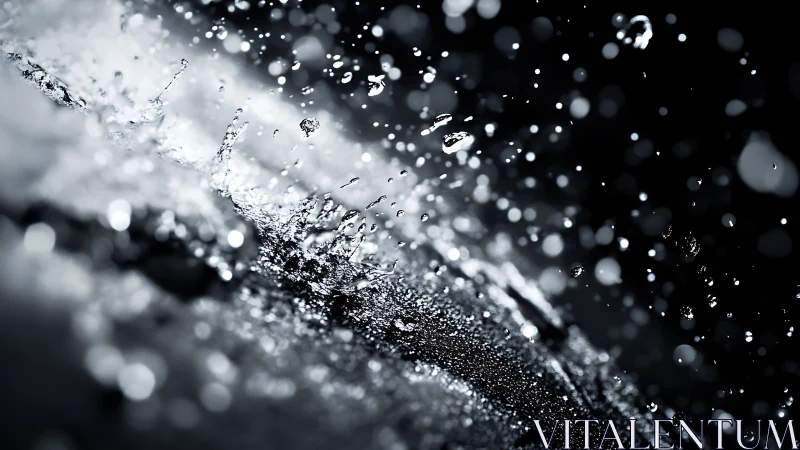 Exploding water droplets dance in dramatic monochrome light.