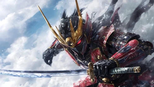 Armored cyber samurai lunges forward with reflective katana arc