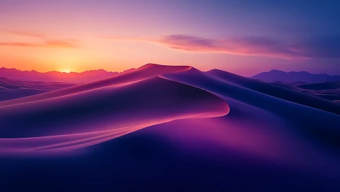 Vivid purple desert dunes under glowing sunset sky.